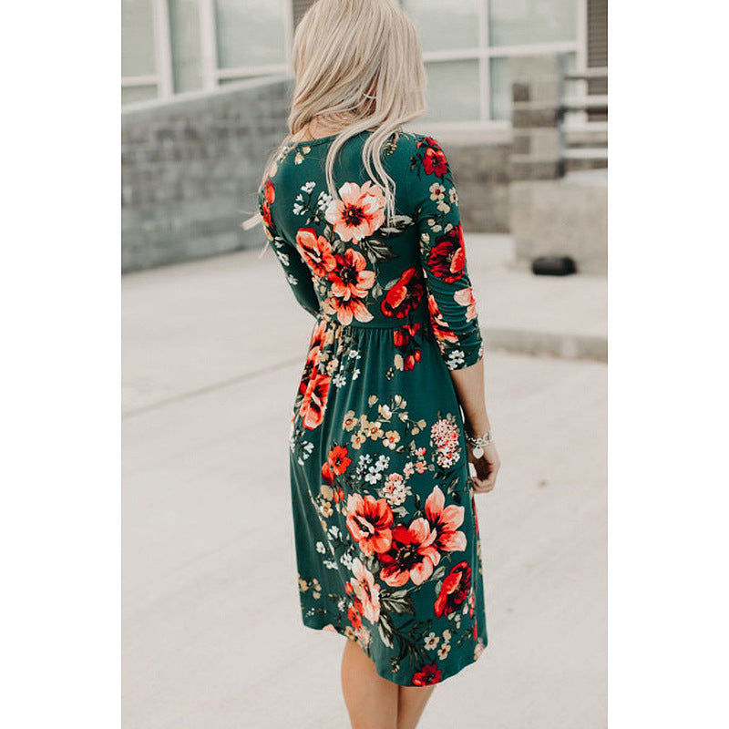 Printed Long Sleeve V-neck Long Sleeve Pocket Dress