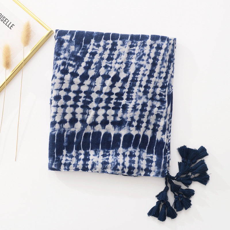 Blue And White Tie-dyed Cotton And Linen Feel Scarf