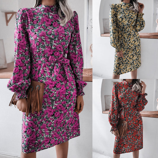 Spring European And American Floral Stand Collar Lantern Long Sleeve Chiffon Dress