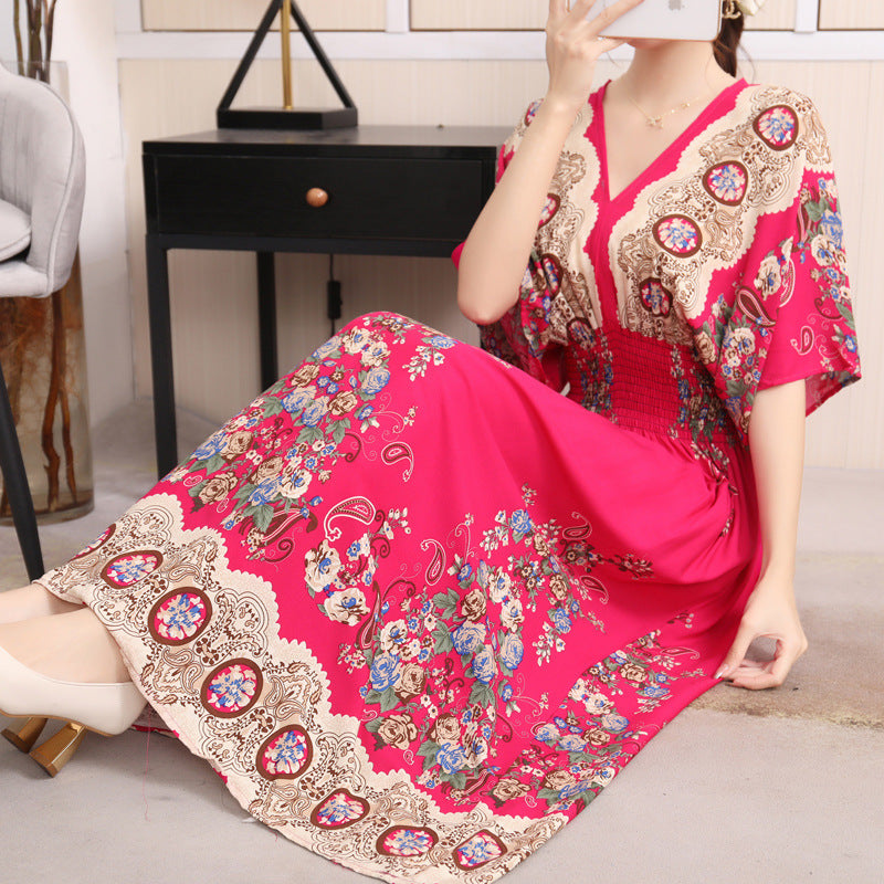 Cotton Silk Floral Dress Women's Summer Ethnic Style V-neck Short Sleeve Pastoral Style Skirt