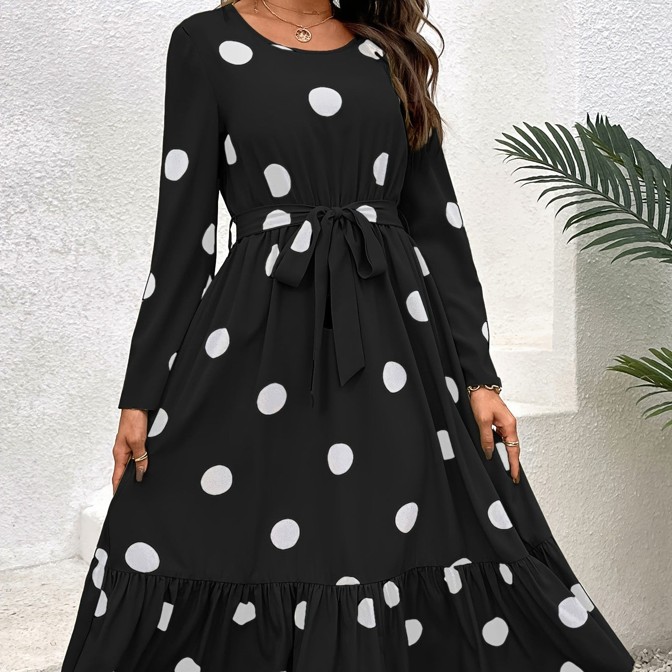 Versatile Slimming Polka Dot Belt Long Sleeve Dress