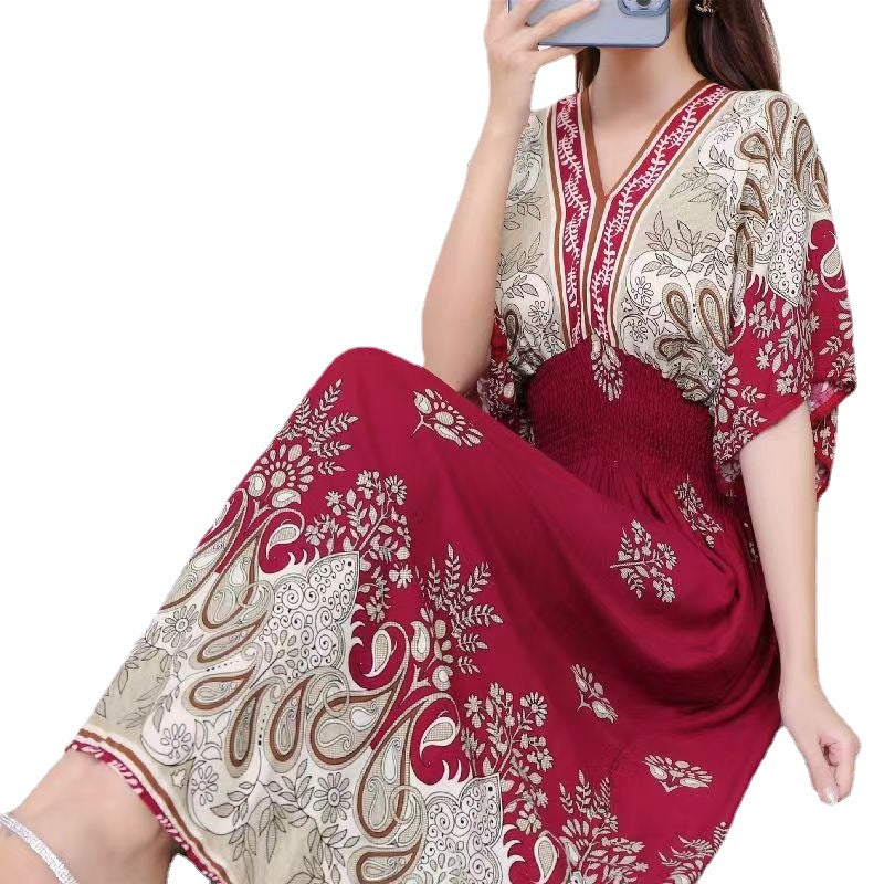 Cotton Silk Floral Dress Women's Summer Ethnic Style V-neck Short Sleeve Pastoral Style Skirt