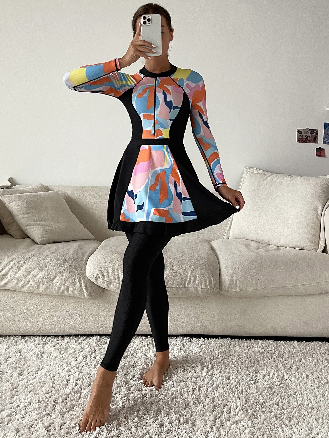 Printed Conservative Fully Enclosed Swimsuit Three-piece Suit