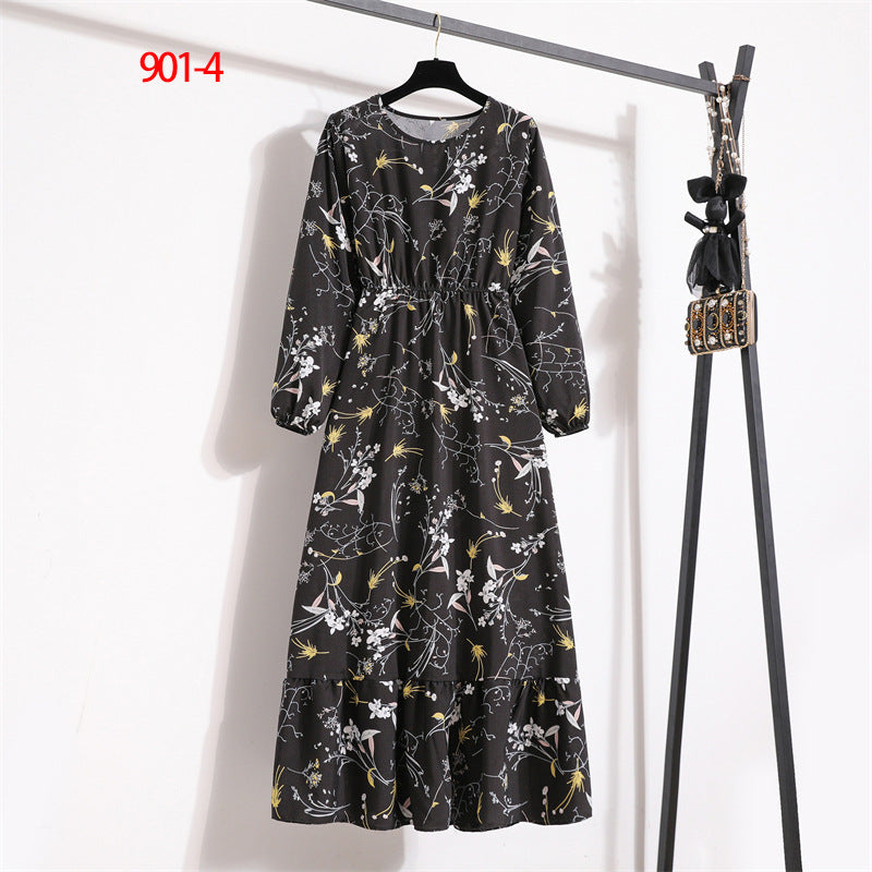 Women's Round Neck Long Sleeve Pullover Floral Dress