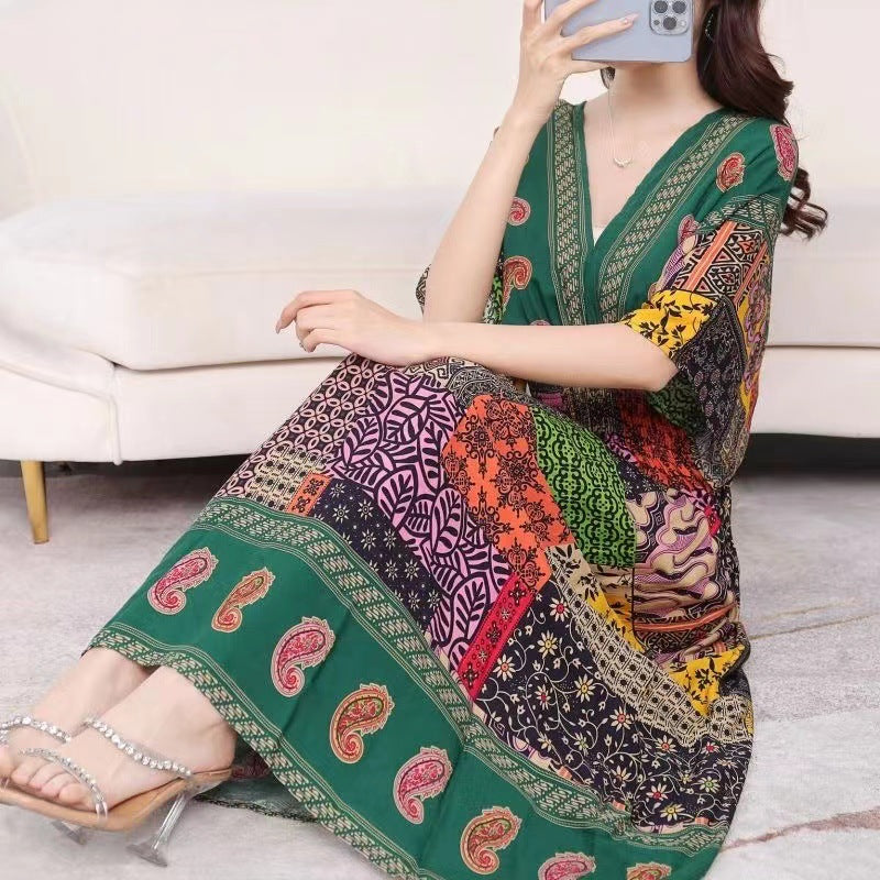 Cotton Silk Floral Dress Women's Summer Ethnic Style V-neck Short Sleeve Pastoral Style Skirt