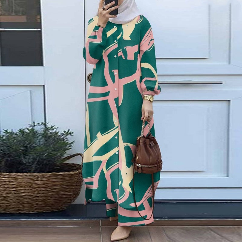 Two-piece Retro Long Shirt Wide Leg Pants Suit