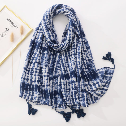 Blue And White Tie-dyed Cotton And Linen Feel Scarf