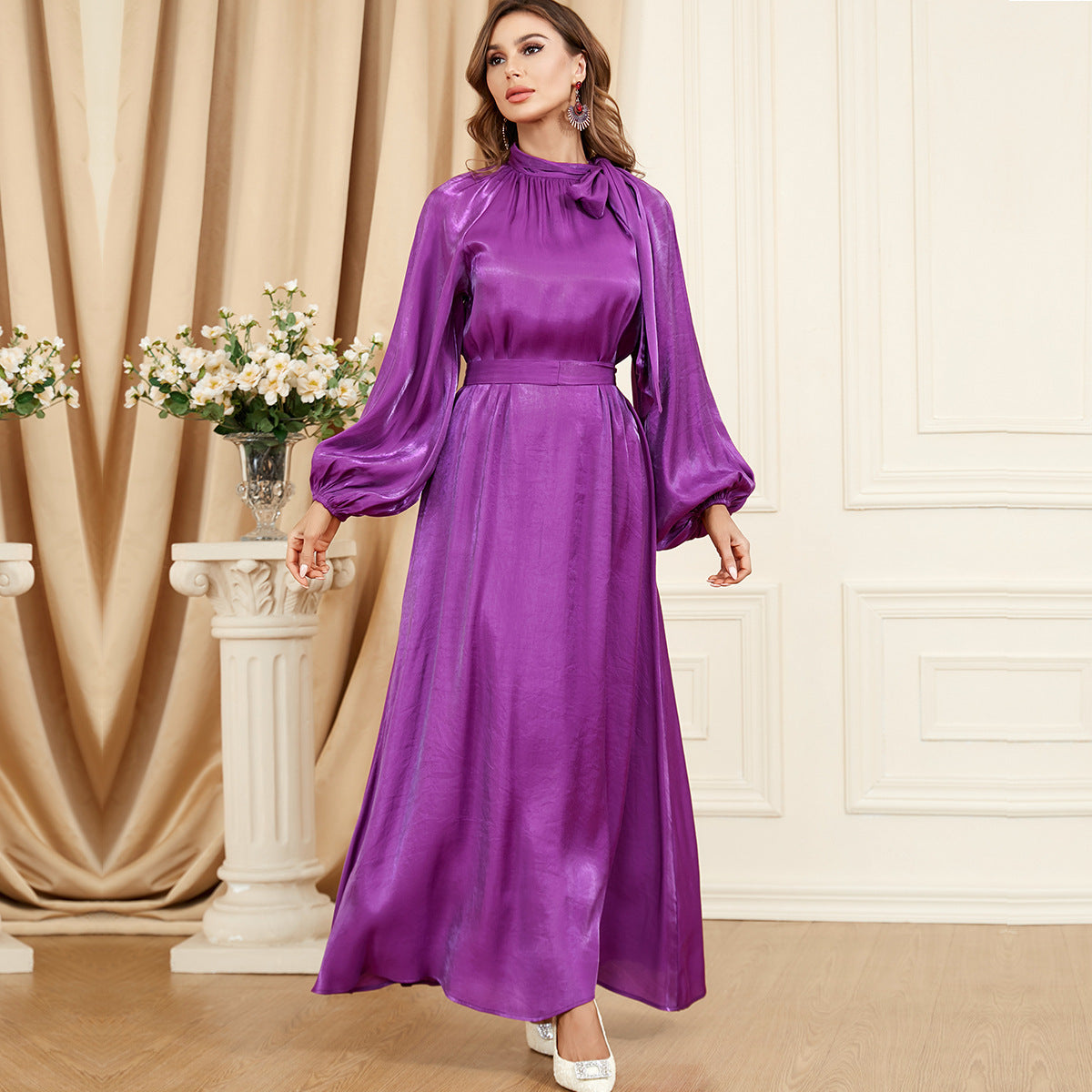 Lace-up Solid Color Long Sleeve European And American Style Dress