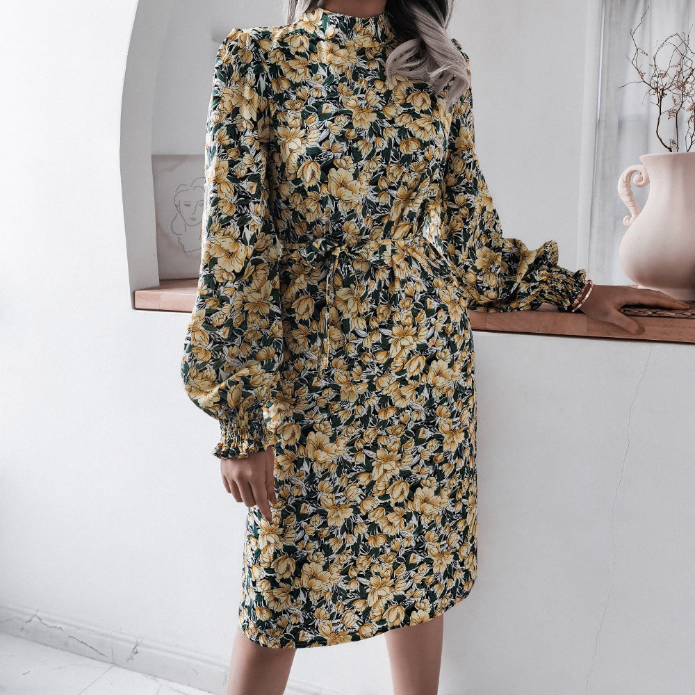 Spring European And American Floral Stand Collar Lantern Long Sleeve Chiffon Dress