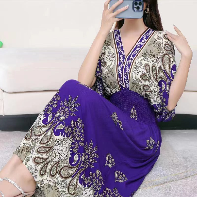 Cotton Silk Floral Dress Women's Summer Ethnic Style V-neck Short Sleeve Pastoral Style Skirt