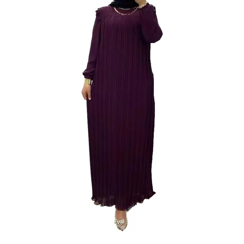 Middle East Women's Solid Color Turtleneck With Belt Loose Dress