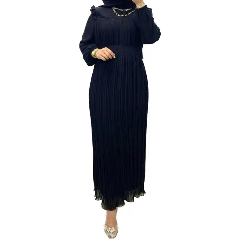 Middle East Women's Solid Color Turtleneck With Belt Loose Dress