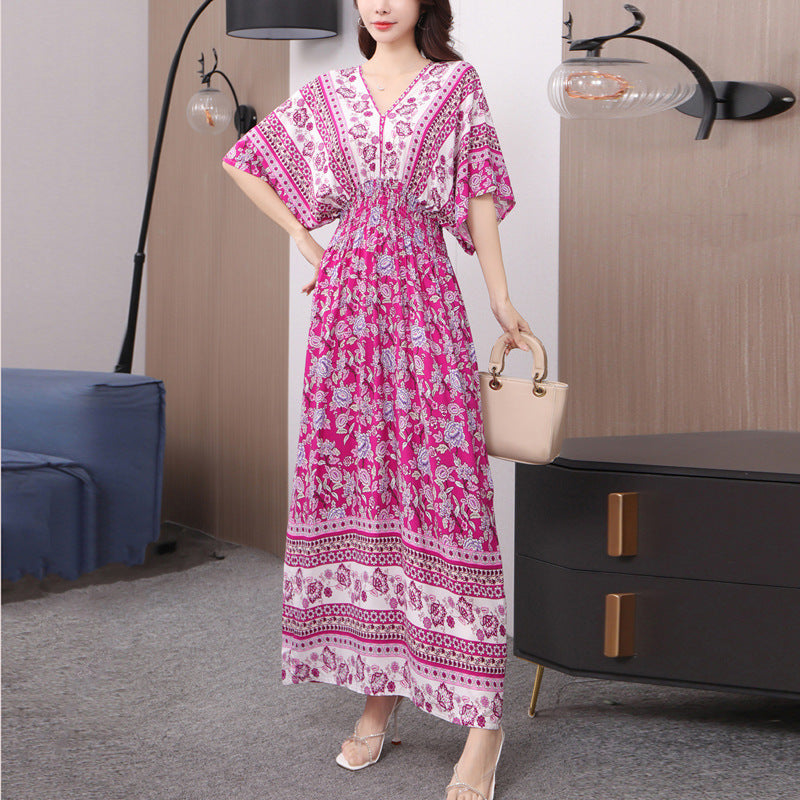 Cotton Silk Floral Dress Women's Summer Ethnic Style V-neck Short Sleeve Pastoral Style Skirt