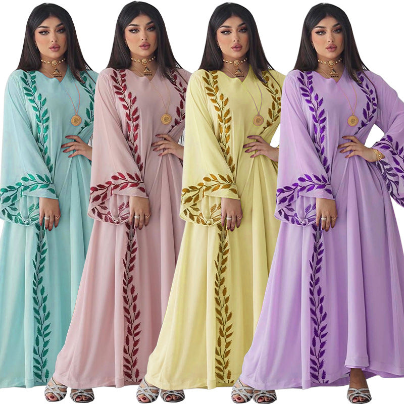 Chiffon Long Embroidered Crew Neck Dress With Headscarf