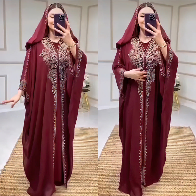 Rhinestone Beaded Muslim Long Gown African Hooded Dress