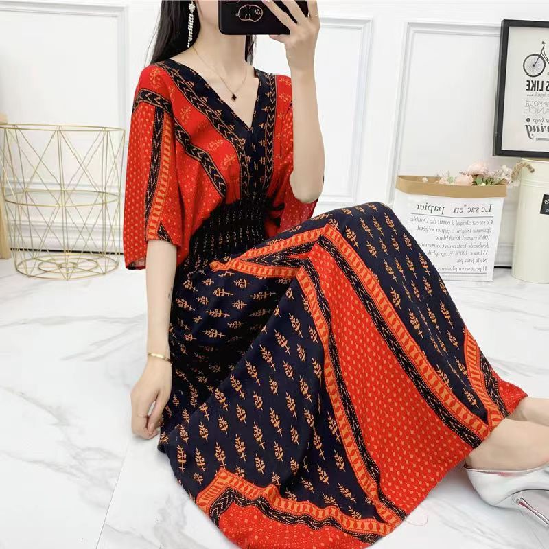 Cotton Silk Floral Dress Women's Summer Ethnic Style V-neck Short Sleeve Pastoral Style Skirt