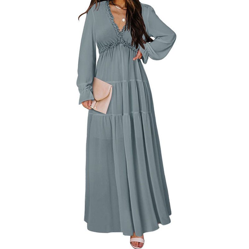 Printed Long Sleeve Dress Women's V-neck Loose