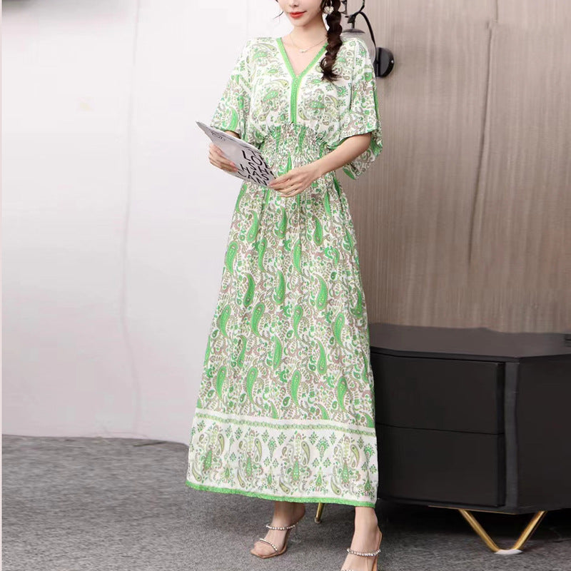 Cotton Silk Floral Dress Women's Summer Ethnic Style V-neck Short Sleeve Pastoral Style Skirt