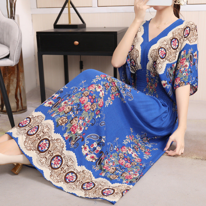 Cotton Silk Floral Dress Women's Summer Ethnic Style V-neck Short Sleeve Pastoral Style Skirt