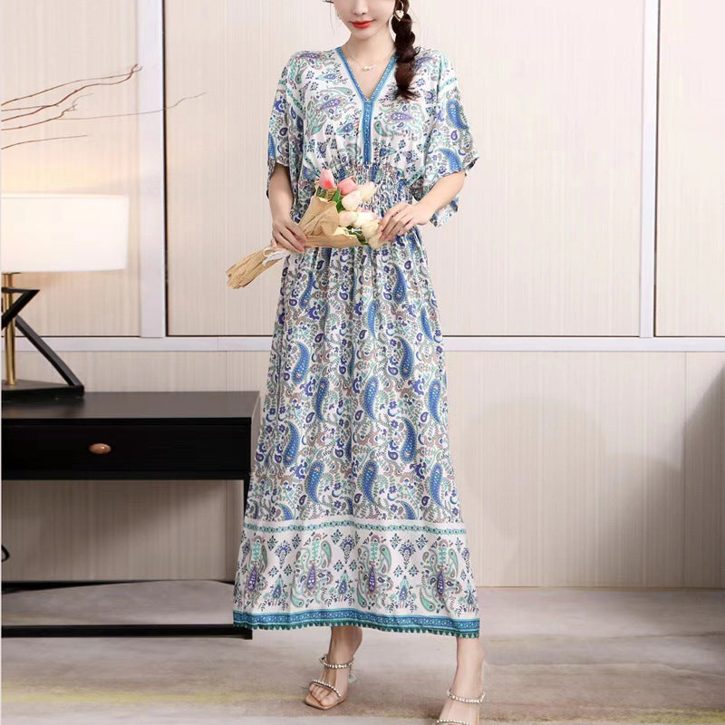 Cotton Silk Floral Dress Women's Summer Ethnic Style V-neck Short Sleeve Pastoral Style Skirt