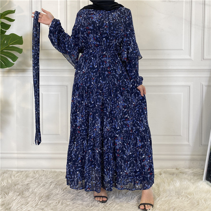 Muslim Long Sleeve Lined Chiffon Printed Lace-up Female Dress Large Swing Dress