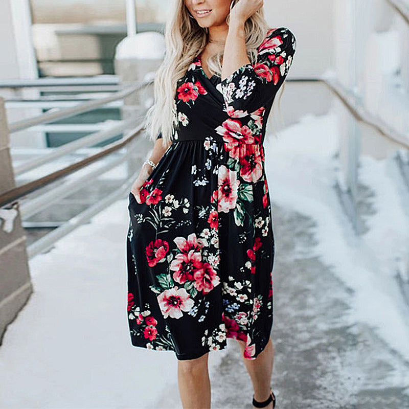 Printed Long Sleeve V-neck Long Sleeve Pocket Dress