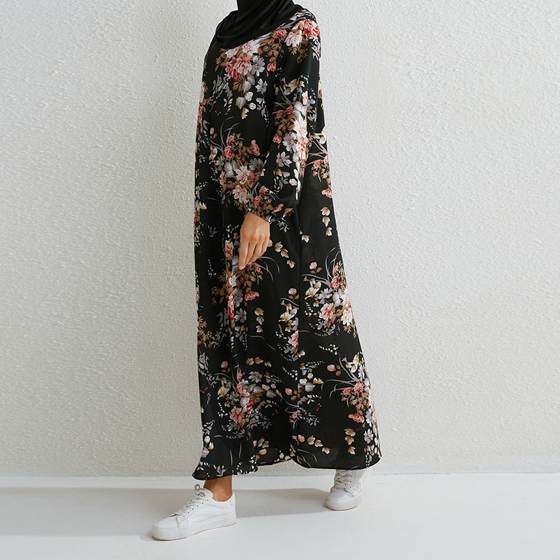 Women's Floral Round Neck Pullover Loose Fashion Robe Skirt