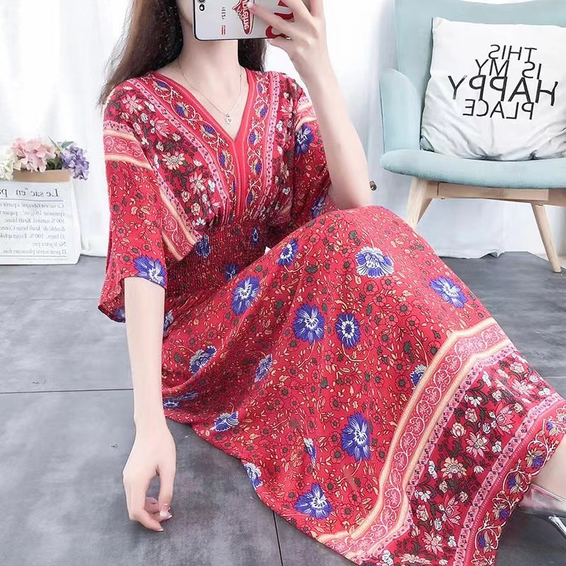 Cotton Silk Floral Dress Women's Summer Ethnic Style V-neck Short Sleeve Pastoral Style Skirt