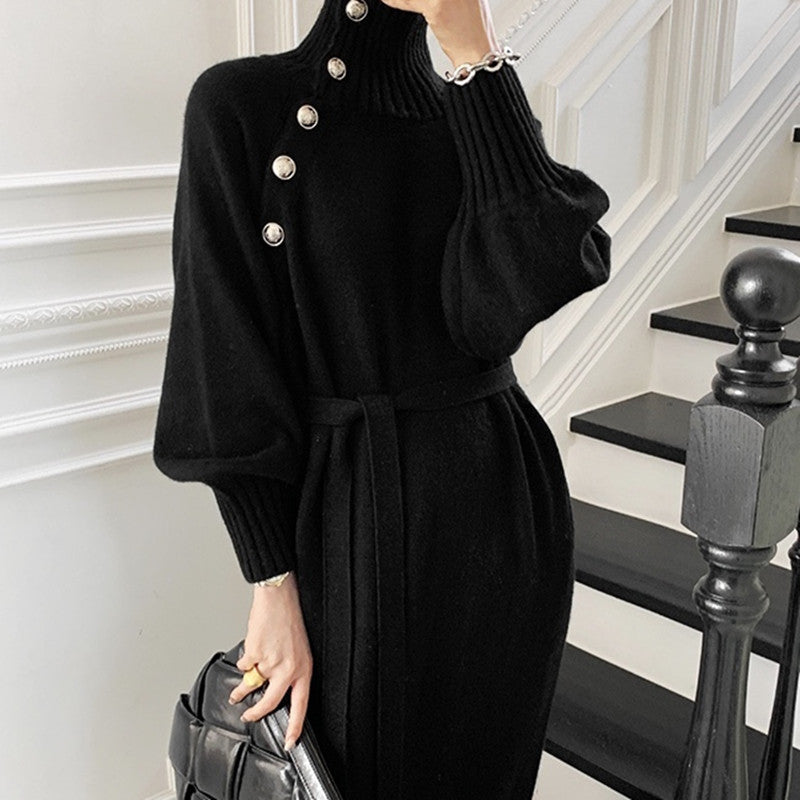 Loose Tie Waist High Neck Long Dress