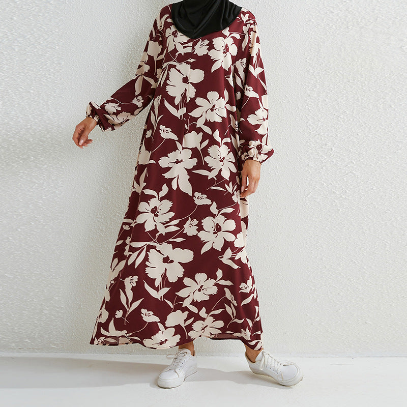 Women's Floral Round Neck Pullover Loose Fashion Robe Skirt