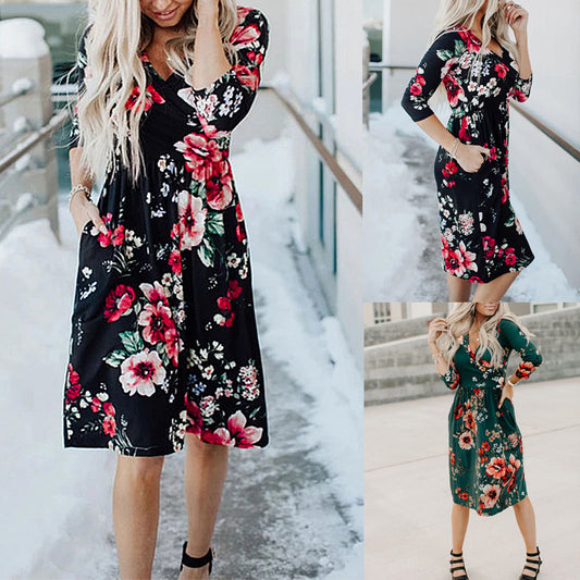 Printed Long Sleeve V-neck Long Sleeve Pocket Dress