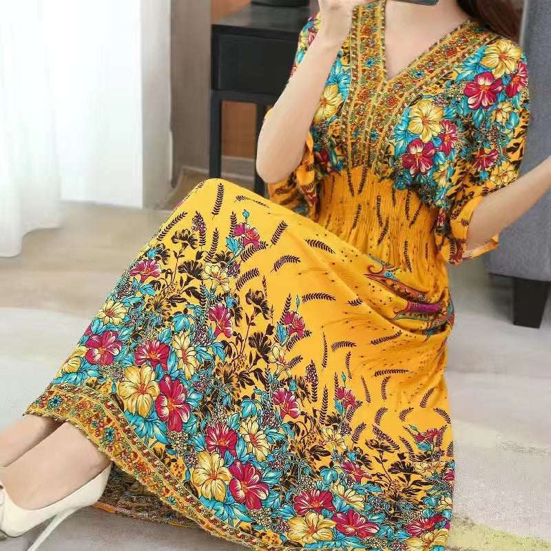 Cotton Silk Floral Dress Women's Summer Ethnic Style V-neck Short Sleeve Pastoral Style Skirt