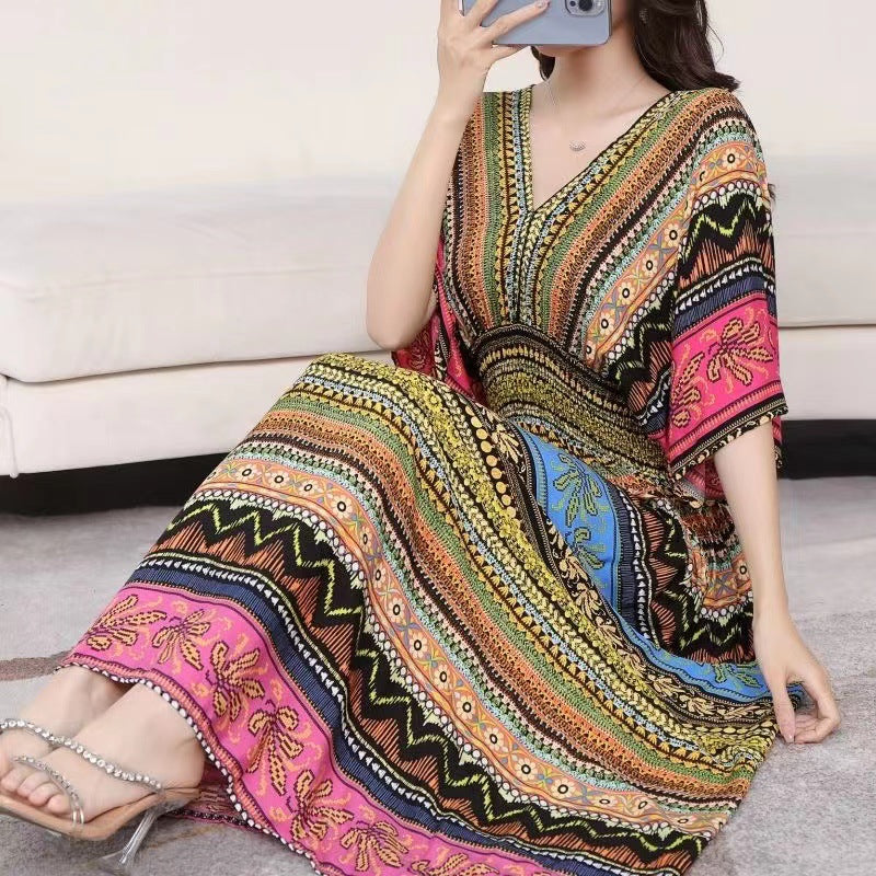 Cotton Silk Floral Dress Women's Summer Ethnic Style V-neck Short Sleeve Pastoral Style Skirt