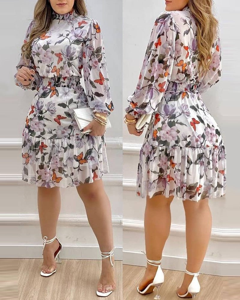 Floral Print Lantern Sleeve Ruffled Ladies Trendy Dress