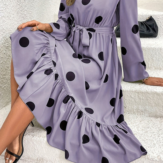 Versatile Slimming Polka Dot Belt Long Sleeve Dress