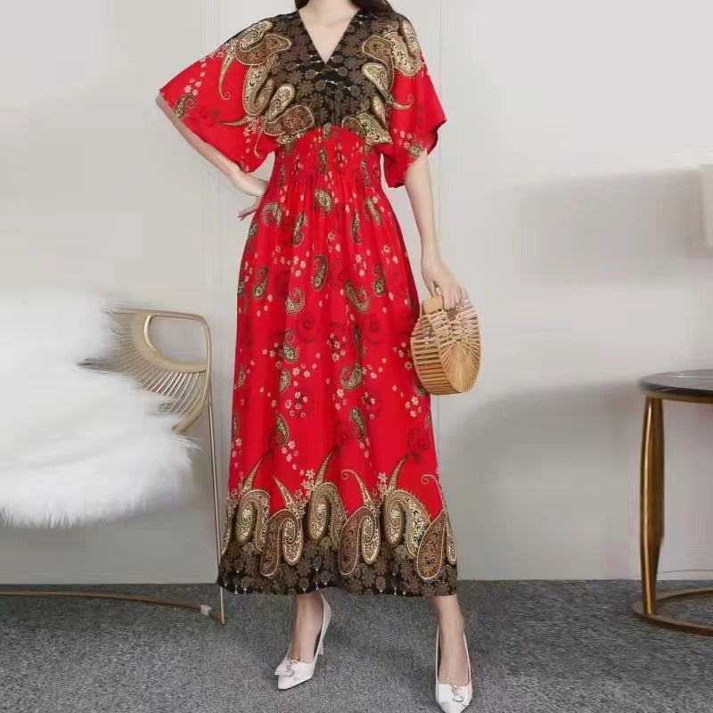 Cotton Silk Floral Dress Women's Summer Ethnic Style V-neck Short Sleeve Pastoral Style Skirt