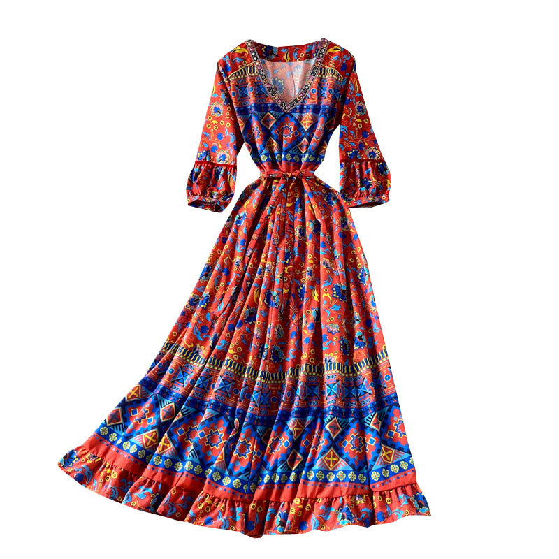 Women's Long Sleeve Boho Ethnic V-Neck Dress