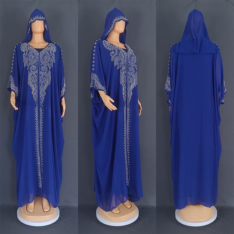 Rhinestone Beaded Muslim Long Gown African Hooded Dress