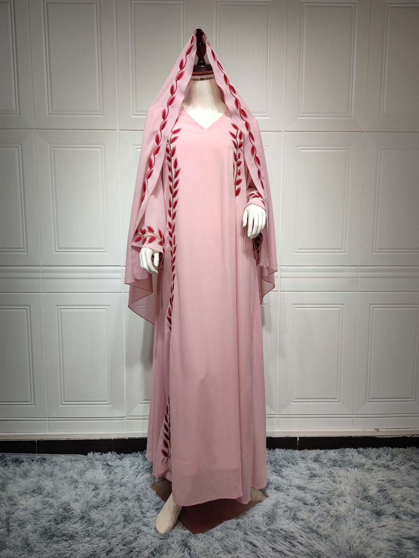 Chiffon Long Embroidered Crew Neck Dress With Headscarf