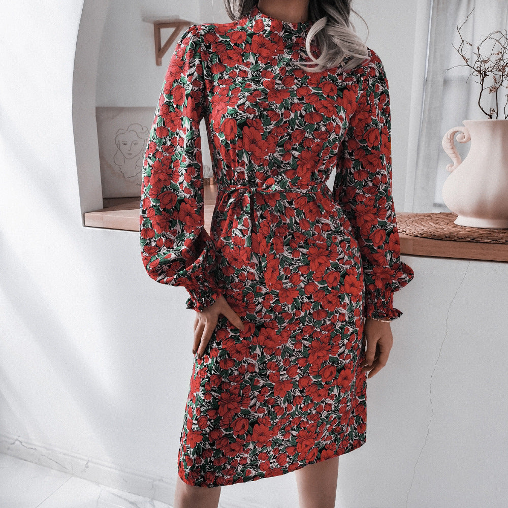 Spring European And American Floral Stand Collar Lantern Long Sleeve Chiffon Dress